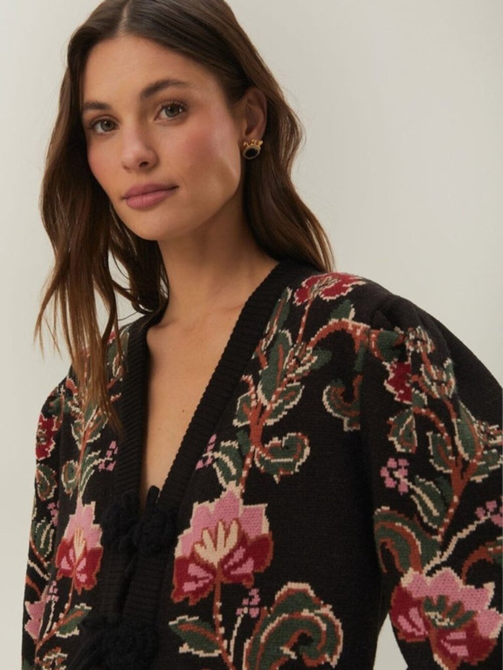 Sold FARM Rio Black Ravenala Knit Floral Midi Cardigan Puffed Sleeves Size XS - Picture 3 of 6